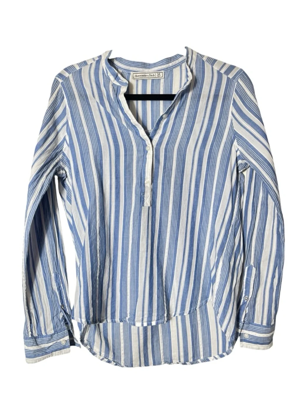 Abercrombie & Fitch Blue White Stripe Popover Shirt Coastal Boho Cotton Top M - Picture 2 of 8